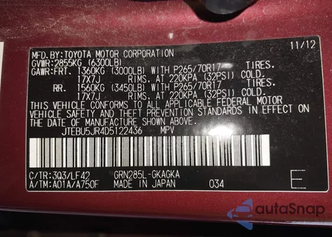 2013 Toyota 4Runner Sr5 из США, поврежденный, VIN JTEBU5JR4D5122436